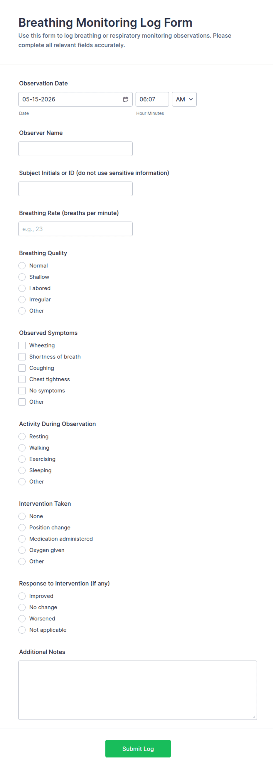 Breathing Monitoring Log Form Template | Jotform