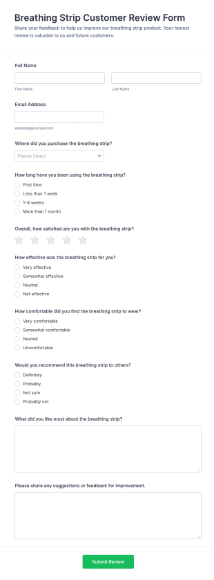 Breathing Strip Customer Review Form Template