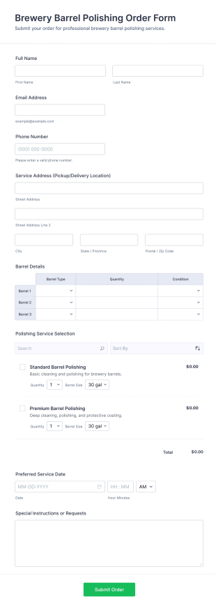 Brewery Barrel Polishing Order Form Template