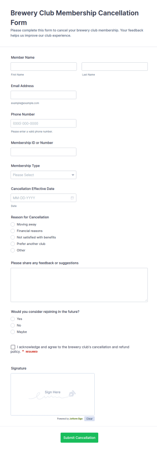 Brewery Club Membership Cancellation Form Template