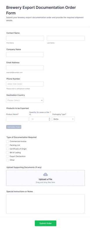 Brewery Export Documentation Order Form Template