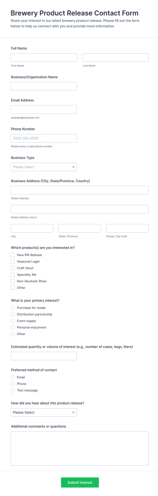 Brewery Product Release Contact Form Template