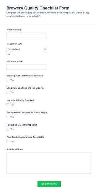 Brewery Quality Checklist Form Template