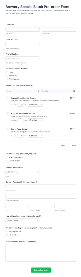 Brewery Special Batch Pre Order Form Template