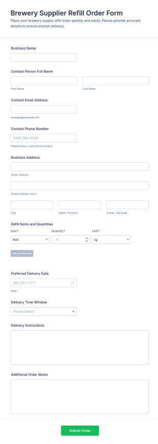 Brewery Supplier Refill Order Form Template