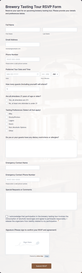 Brewery Tasting Tour RSVP Form Template