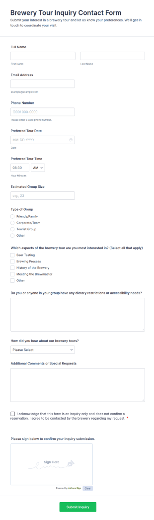 Brewery Tour Inquiry Contact Form Template