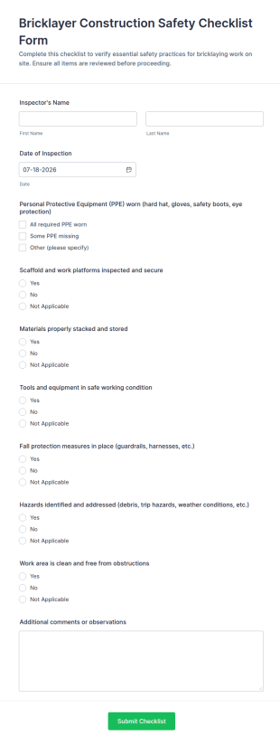 Bricklayer Construction Safety Checklist Form Template