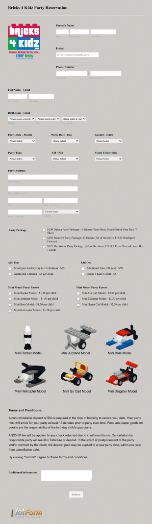 Children Party Reservation Form Template
