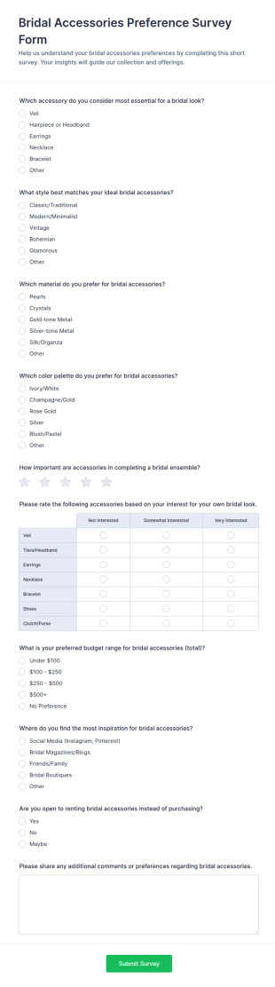 Bridal Accessories Preference Survey Form Template