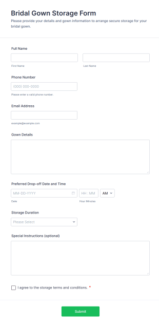 Bridal Gown Storage Form Template
