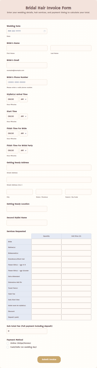 Bridal Hair Invoice Form Template