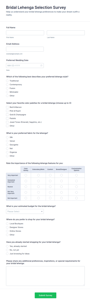 Bridal Lehenga Selection Survey Form Template
