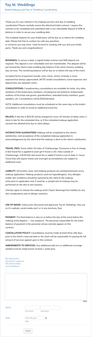 Bridal Makeup Consent Form Template