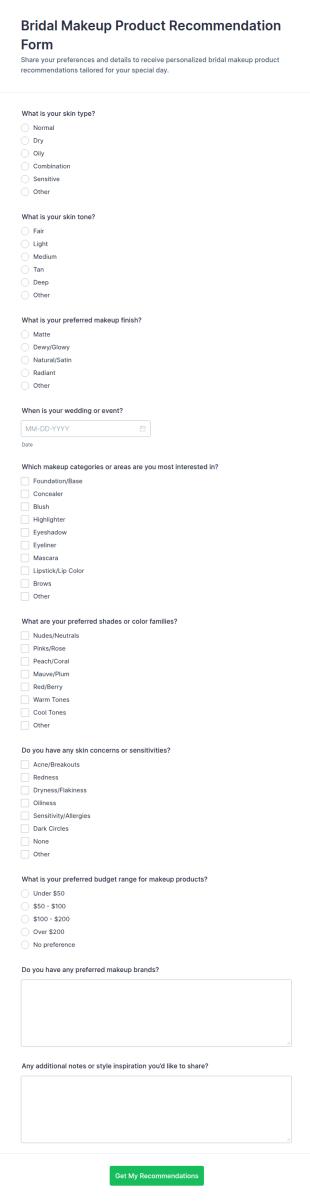 Bridal Makeup Product Recommendation Form Template