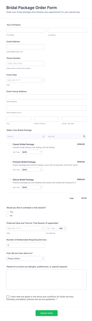 Bridal Package Order Form Template