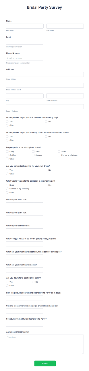 Bridal Party Survey Form Template