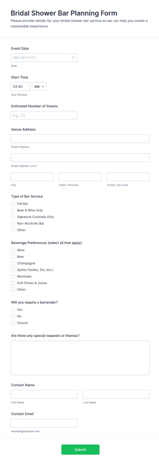 Bridal Shower Bar Planning Form Template