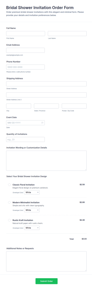 Bridal Shower Invitation Order Form Template