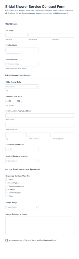 Bridal Shower Service Contract Form Template