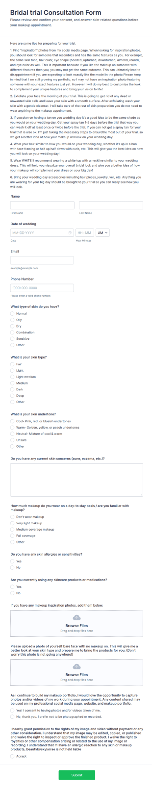 Bridal Trial Consultation Form Template