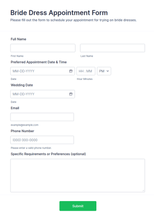 Bride Dress Appointment Form Template
