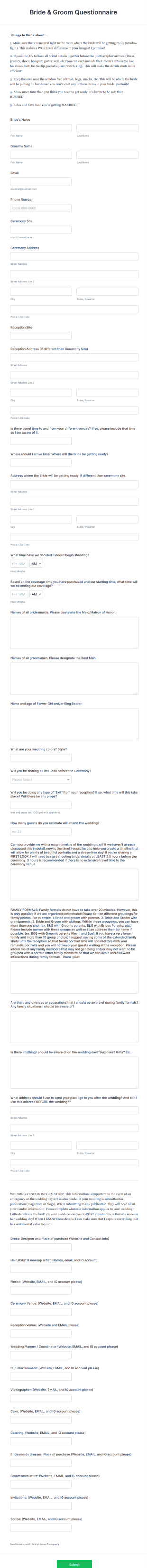 Bride And Groom Questionnaire Form Template