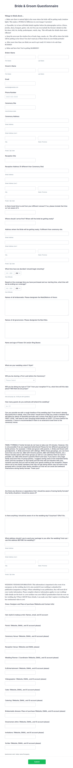 Bride And Groom Questionnaire Form Template