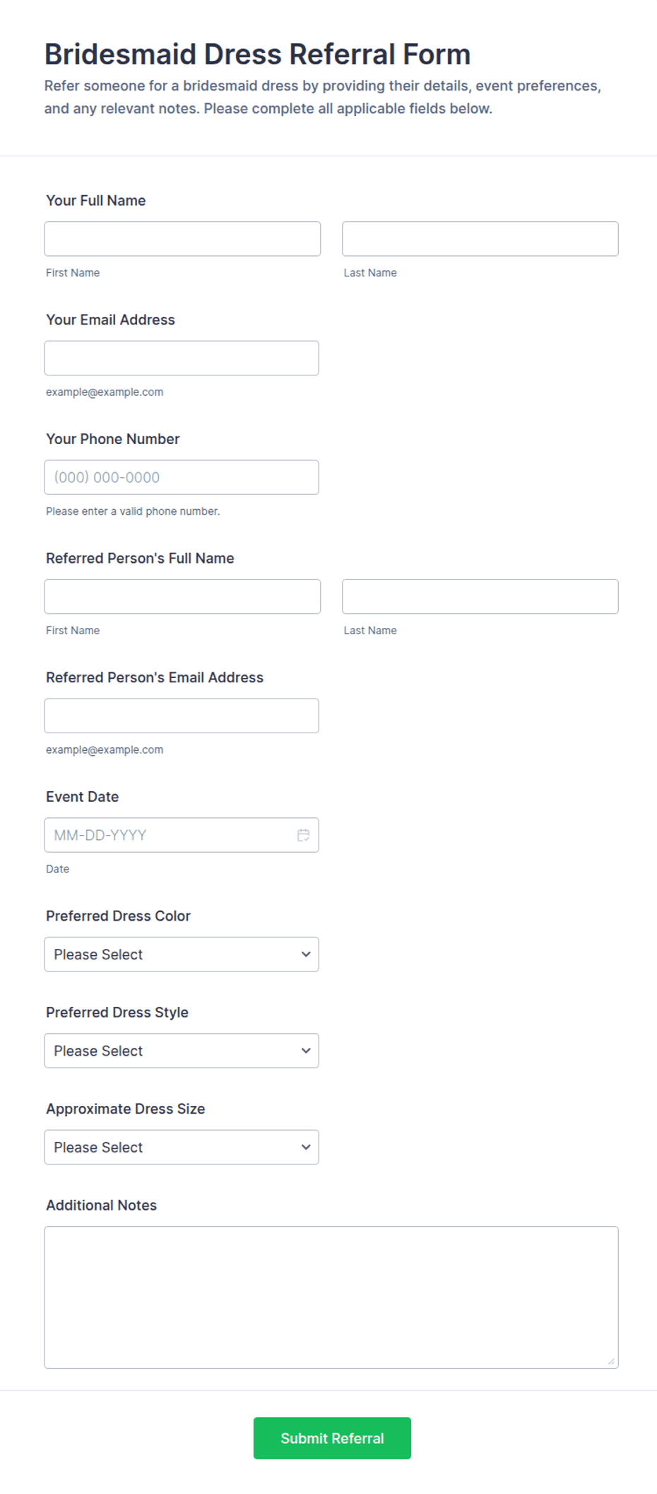 Bridesmaid Dress Referral Form Template | Jotform