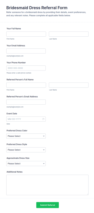 Bridesmaid Dress Referral Form Template