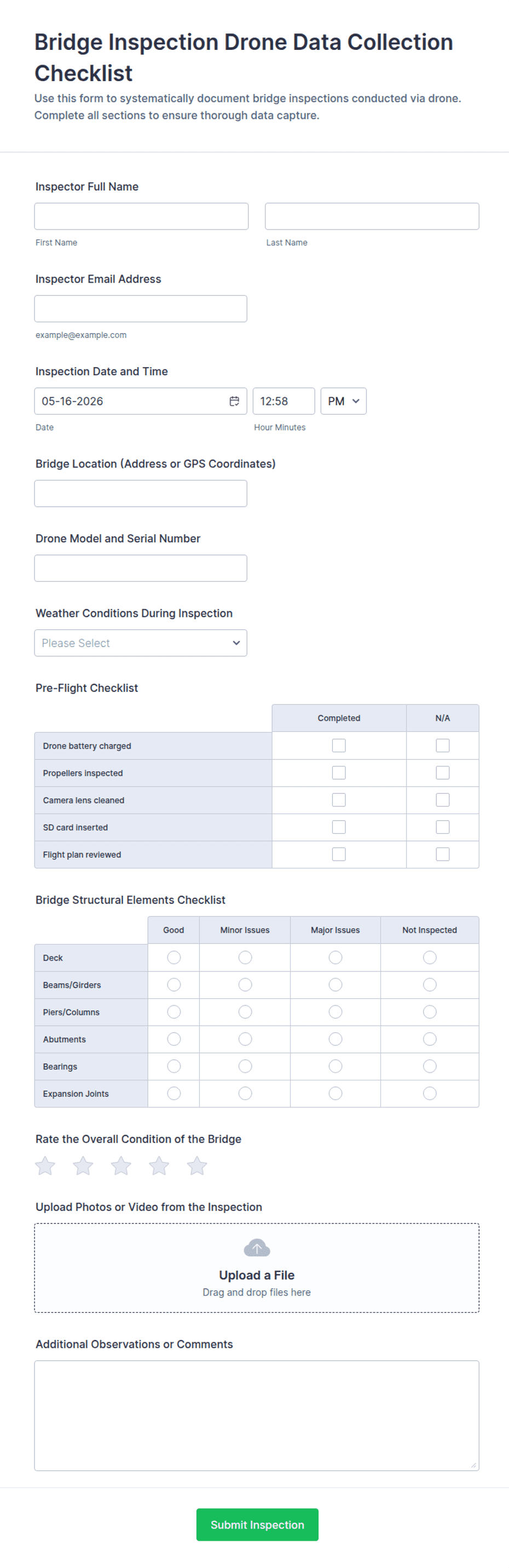 Bridge Inspection Drone Data Collection Checklist Form Template | Jotform
