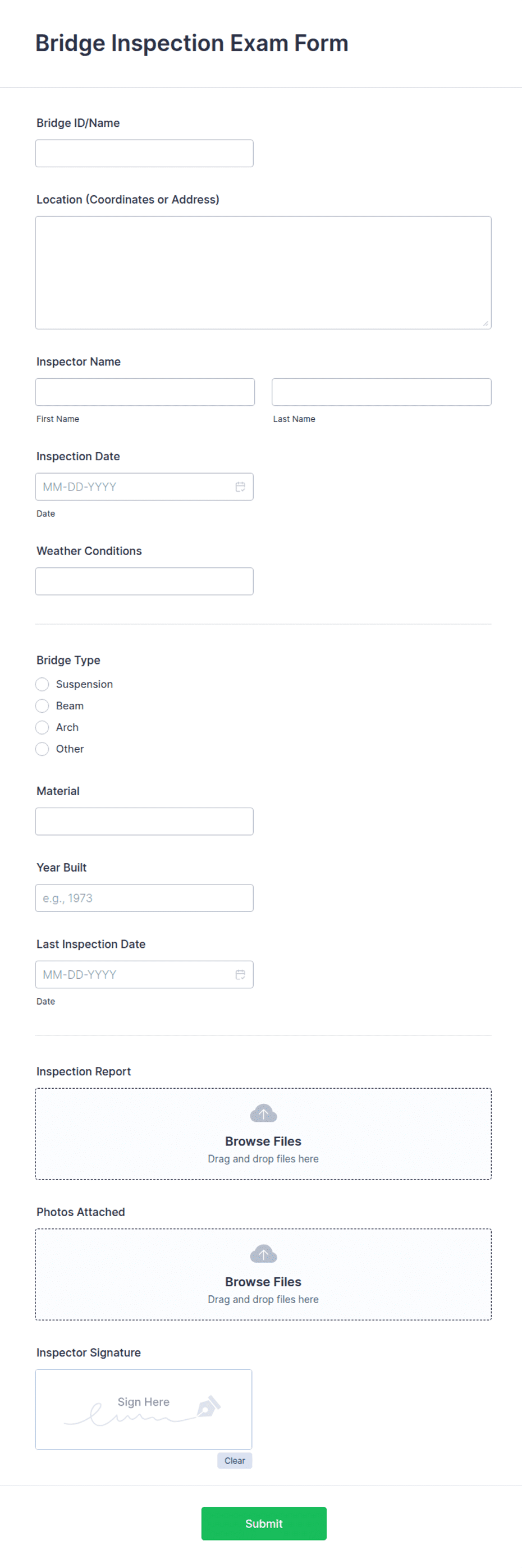 Bridge Program Form Bridge Inspection Exam Form Template | Jotform