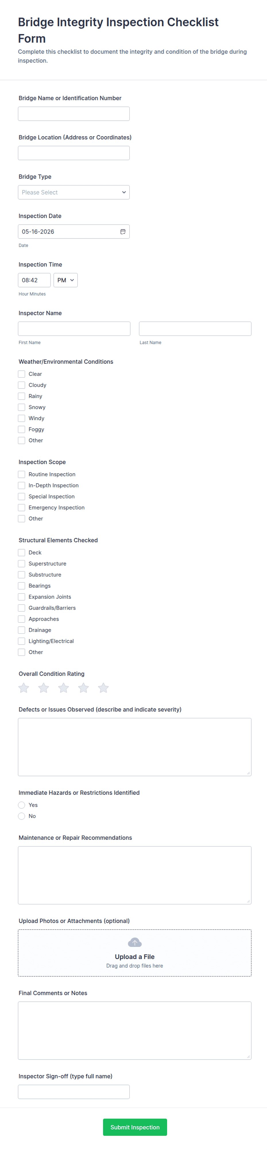 Bridge Integrity Inspection Checklist Form Template | Jotform