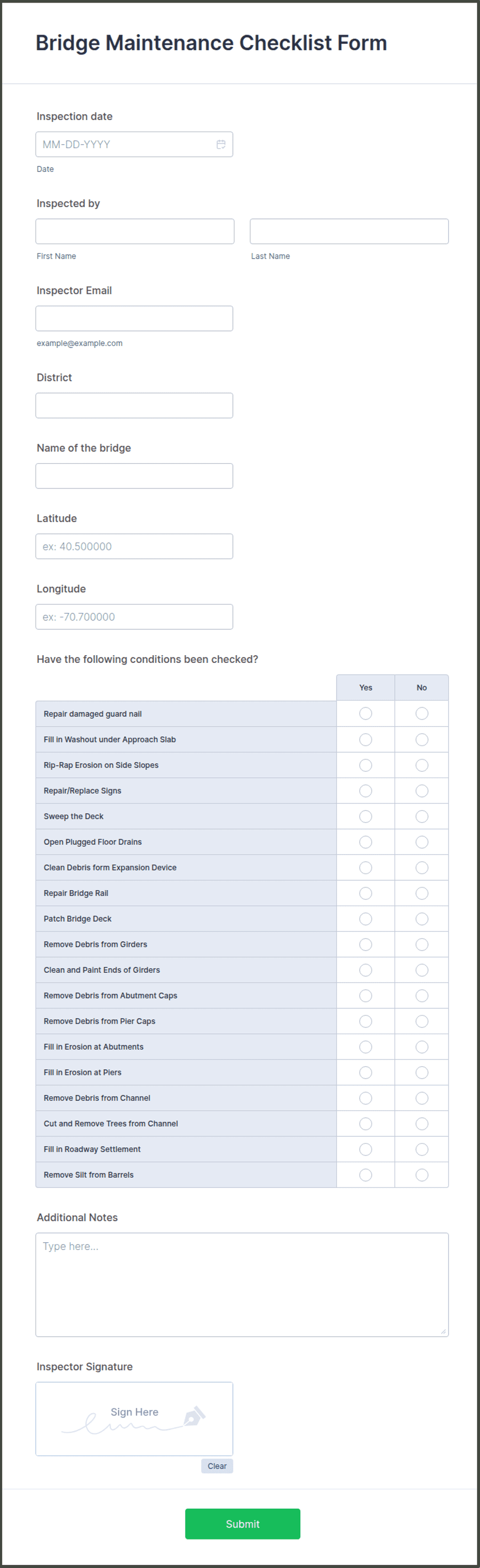 Bridge Project Calculation Check List Example Bridge Maintenance Checklist Form Template | Jotform