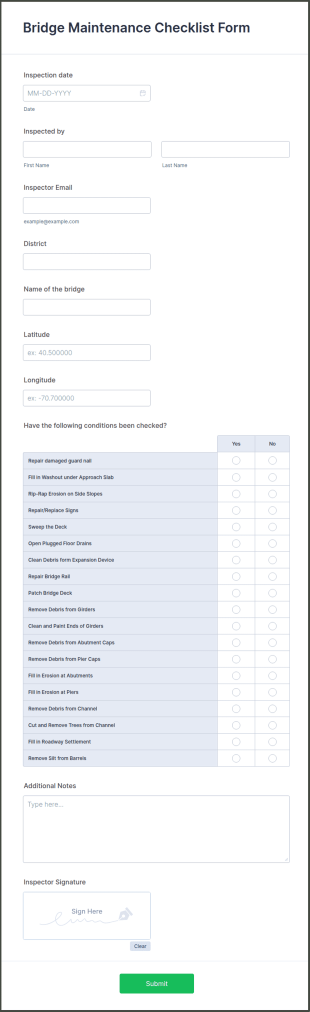 Bridge Maintenance Checklist Form Template