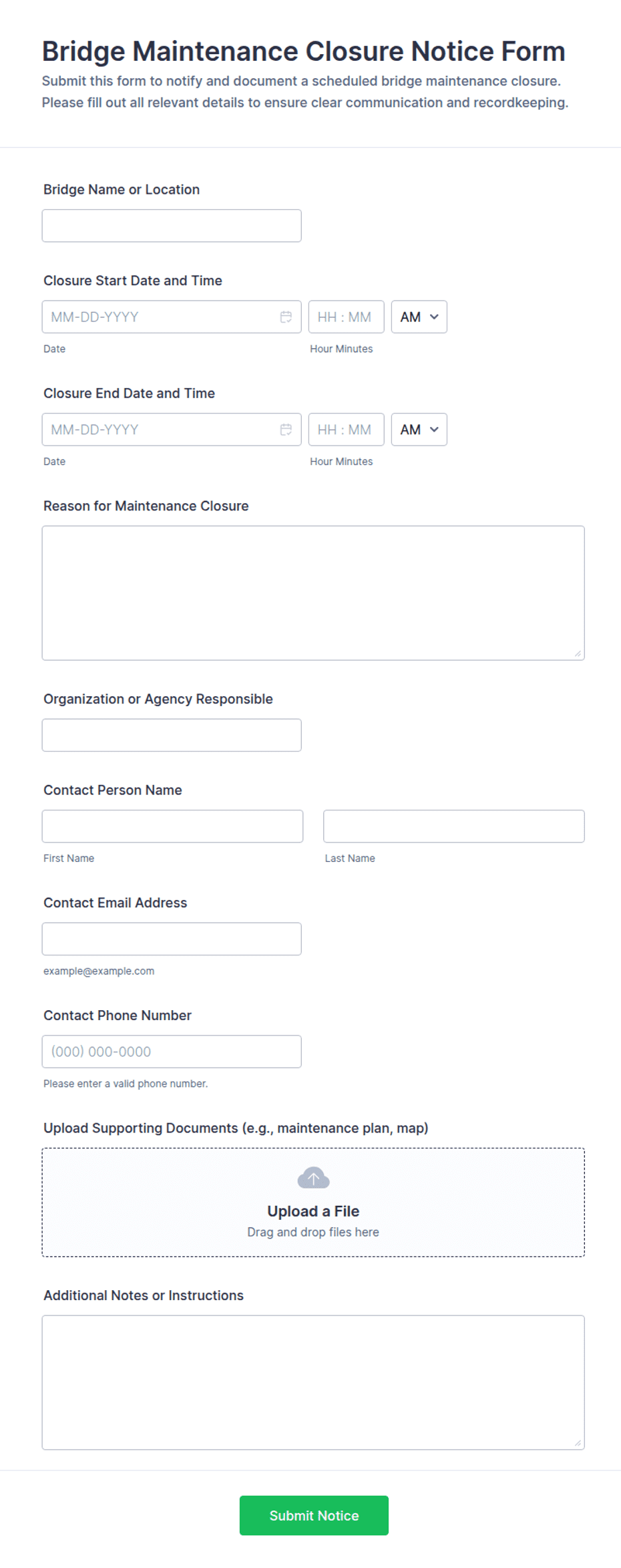Bridge Maintenance Closure Notice Form Template | Jotform