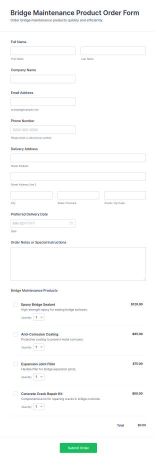Bridge Maintenance Product Order Form Template