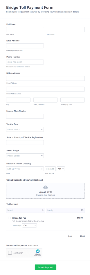 Bridge Toll Payment Form Template