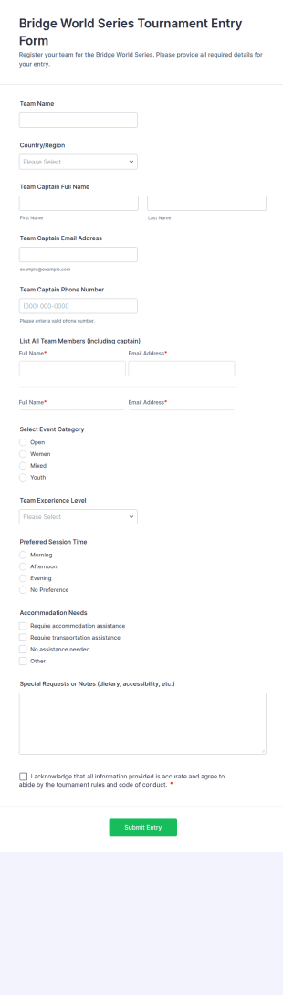 Bridge World Series Tournament Entry Form Template