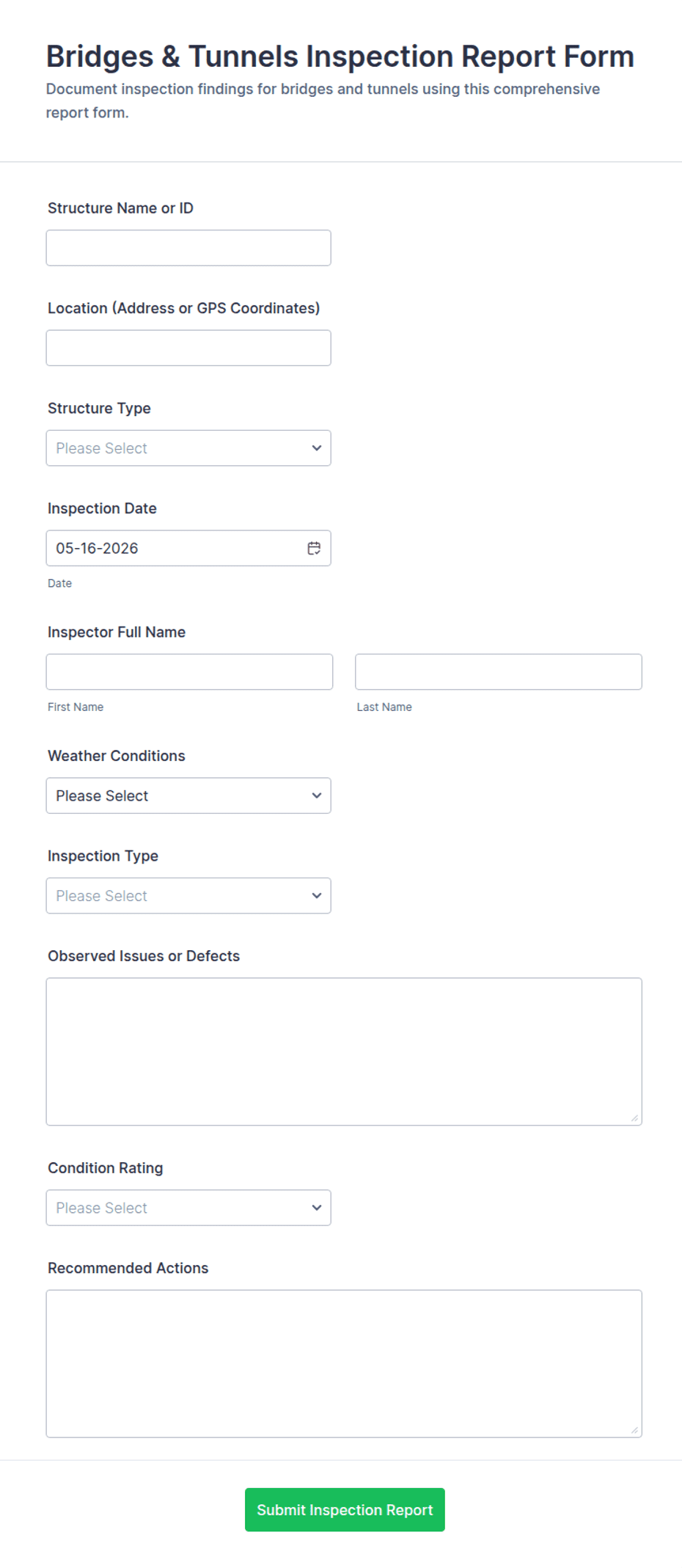 Bridges & Tunnels Inspection Report Form Template | Jotform