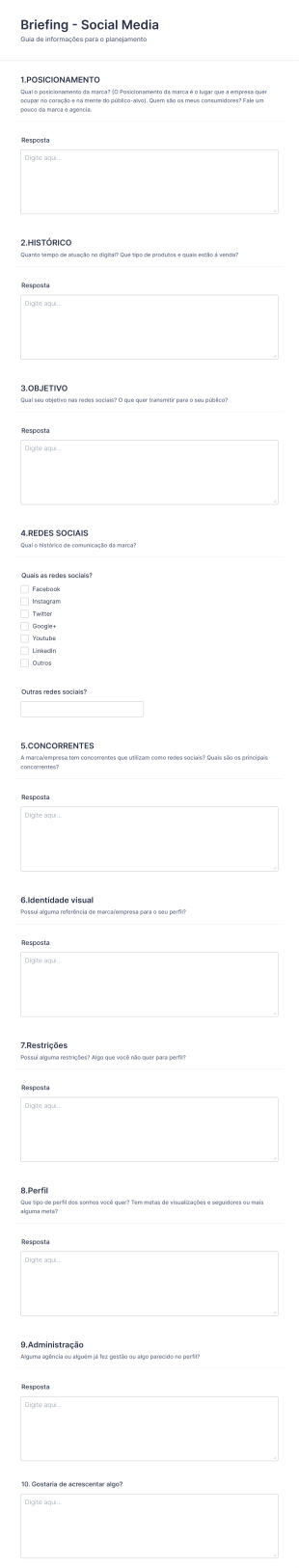 Briefing Iniciante Social Media Form Template