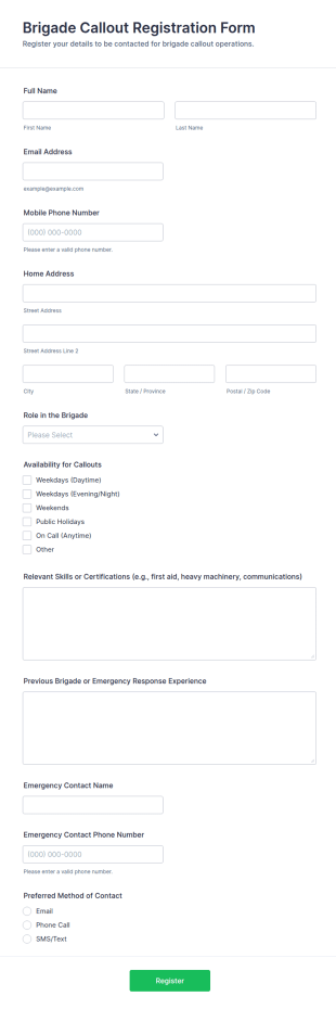 Brigade Callout Registration Form Template