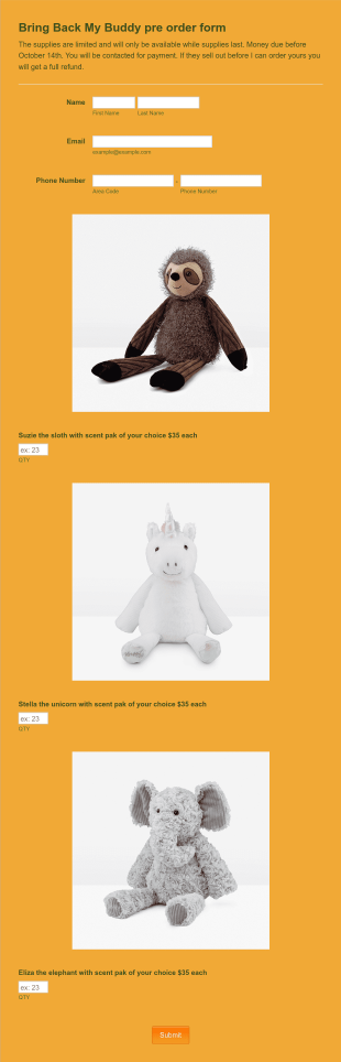 Limited Toy Order Form Template