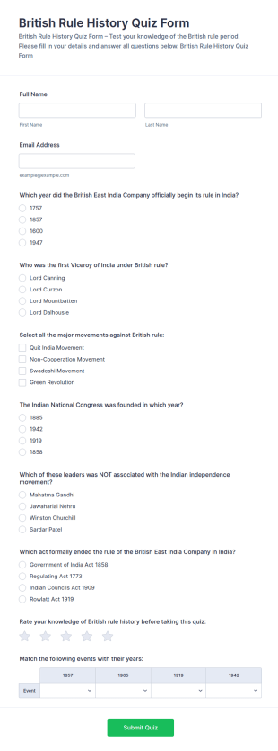 British Rule History Quiz Form Template