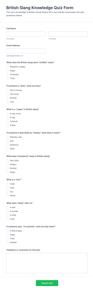 British Slang Knowledge Quiz Form Template