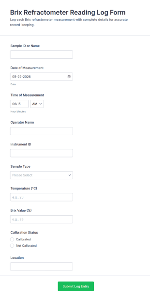 Brix Refractometer Reading Log Form Template