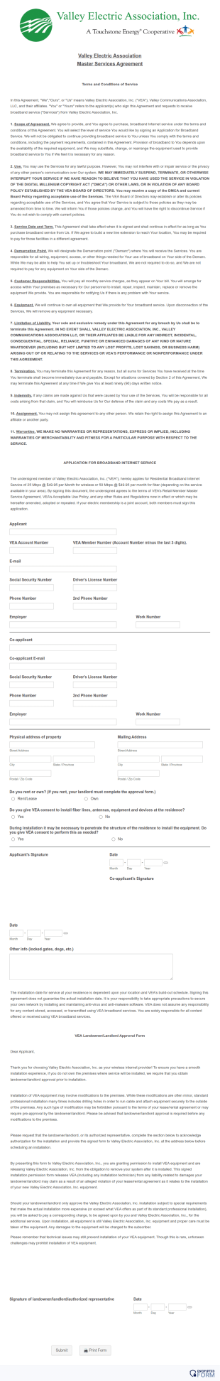 Broadband Service Agreement Form Template