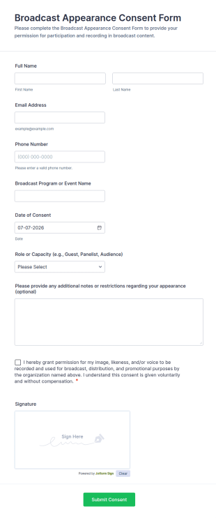 Broadcast Appearance Consent Form Template
