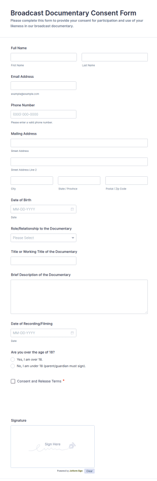 Broadcast Documentary Consent Form Template