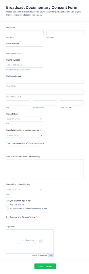 Broadcast Documentary Consent Form Template